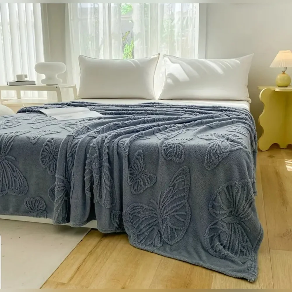 Super Soft Blue Embroidered Butterfly Throw Blanket